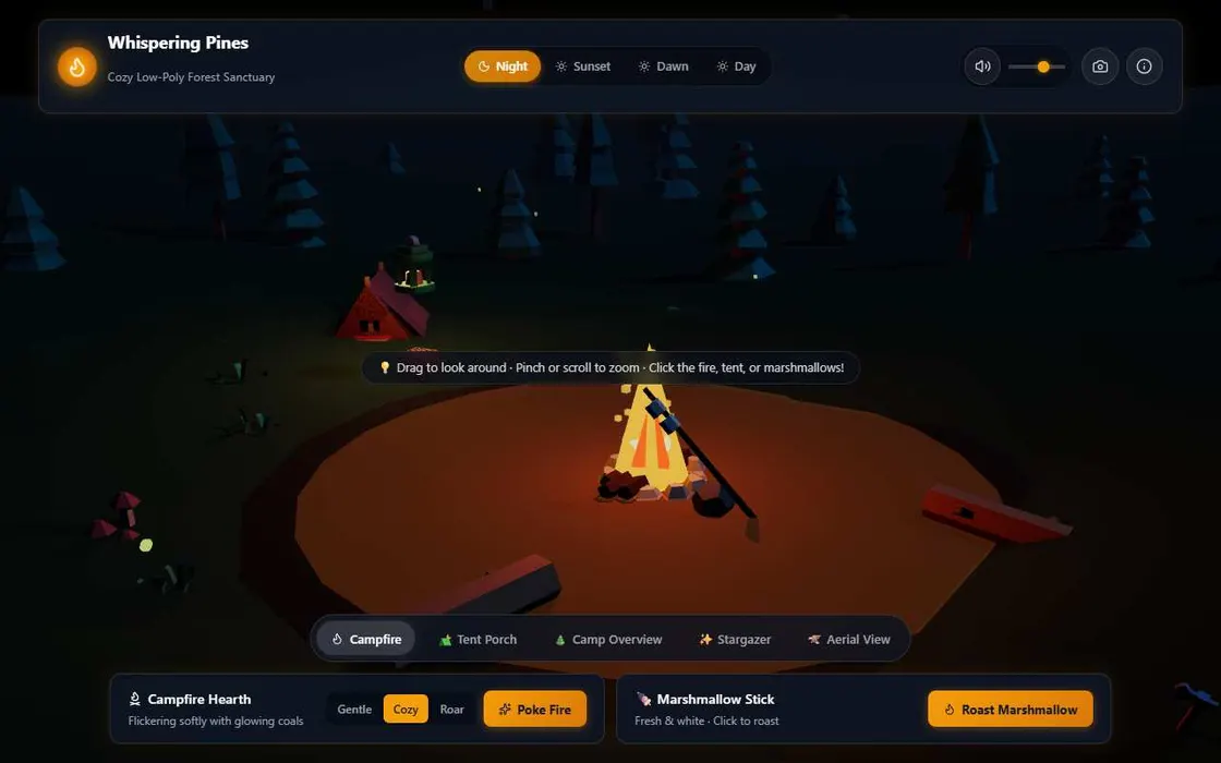 A low-poly 3D campsite at night: a campfire in a clearing, a red tent, logs and pine trees, with buttons for time of day and camera views.