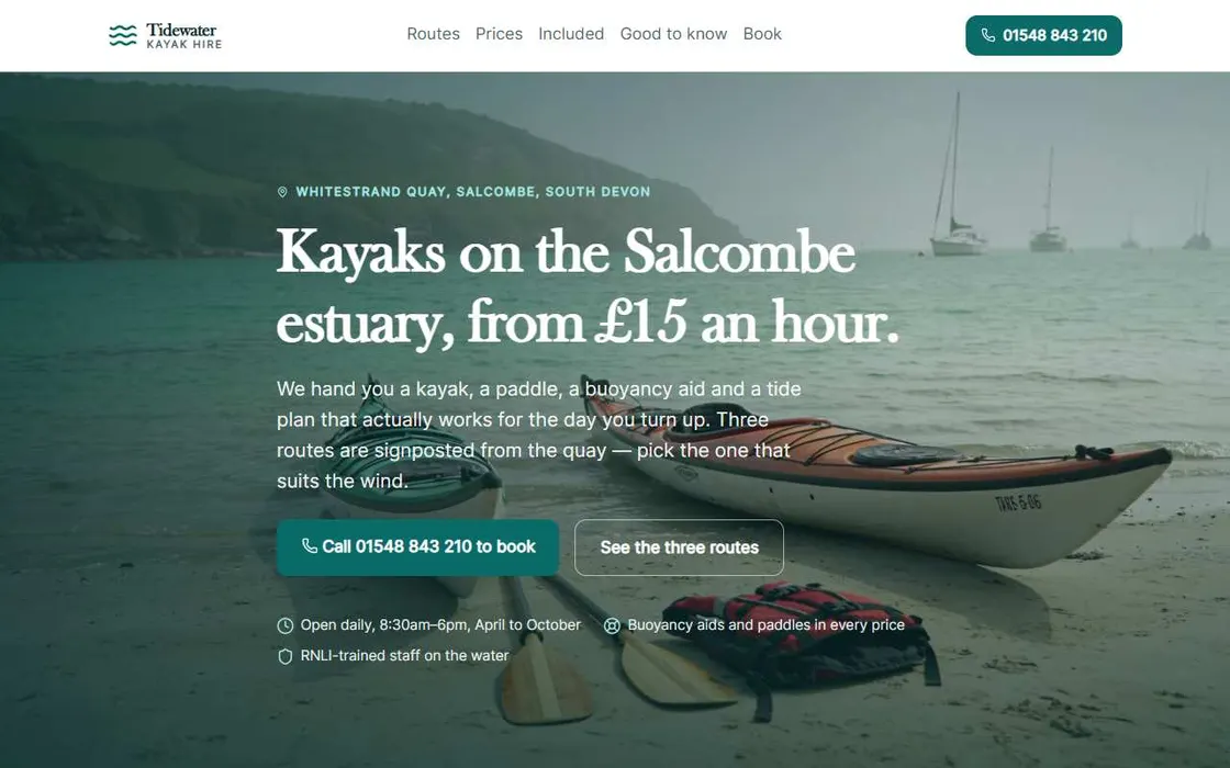 A landing page for a kayak hire business: a photo of kayaks on a beach, a headline with the price, a phone button, and small icons beside the opening hours.