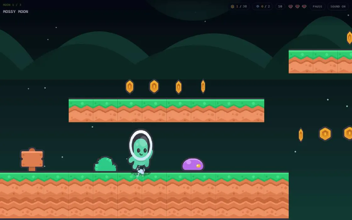 A platformer game in play: a green alien in a helmet stands on grassy ground beside a purple slime, with coins floating above platforms.